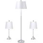 Tangkula Lamp Set 3-Piece Modern Home Living Room Bedroom Chrome Finish Lamps, Floor Lamp and Table Lamps Set with Soft Pleated White Fabric Shades (Chrome)