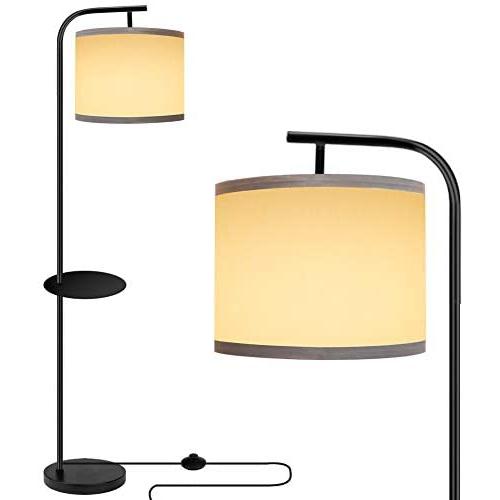 ROTTOGOON Modern Floor Lamp with Tray Table, LED Reading Standing Lamp with White Fabric Shade & 9W LED Bulb, Tall Pole Floor Lamp for Living Room, Bedroom, Study Room, Office - Black