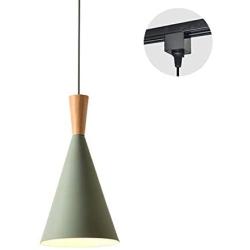 ANYE H-Type Track Light Black Adapter Pendants 3.2ft Cord Green Shade Light Wooden Light Socket Cafe Lights Loft Style Simple Metal Ceiling Lamp for Dining Room Cafe Restaurant Bulbs Not Included