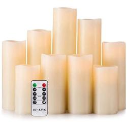 RY King Battery Operated Flameless Candles 4'' 5'' 6'' 7'' 8'' 9'' Set of 9 Real Wax Pillar LED Flickering Candles with Remote Control and Timer