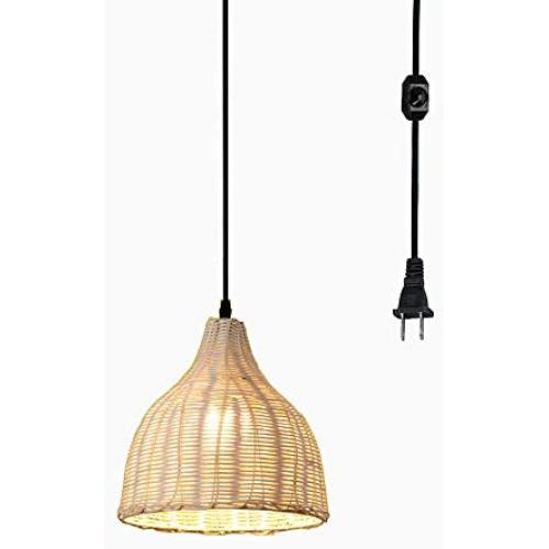 ANYE 15ft Black Plug-in UL On/Off Dimmer Switch Cord Retro Style E26 Lamp Holder Rattan Pendant Light for Dining Room Cafe Restaurant Bulbs Not Included