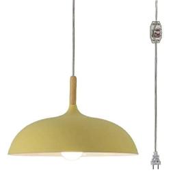 STGLIGHTING Swag Plug-in Pendant Light Wooden Handle Pendant Light with 15ft Plug-in UL On/Off Dimmer Switch Cord Macaron Yellow Lampshade Loft Style Lamps for Dining Room Bulbs Not Included