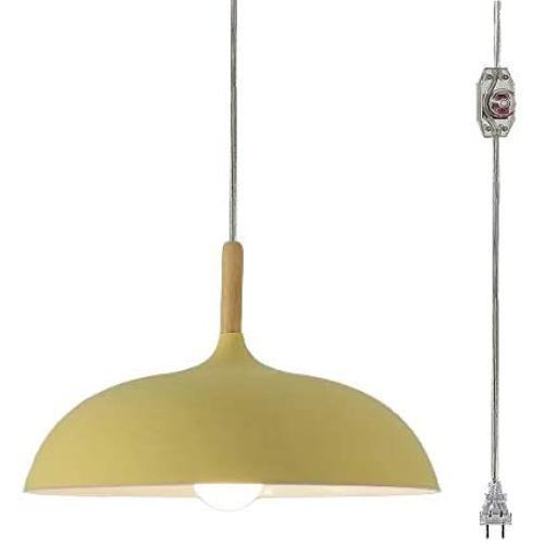 STGLIGHTING Swag Plug-in Pendant Light Wooden Handle Pendant Light with 15ft Plug-in UL On/Off Dimmer Switch Cord Macaron Yellow Lampshade Loft Style Lamps for Dining Room Bulbs Not Included