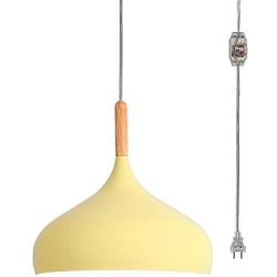 STGLIGHTING Wooden Handle Pendant Light with 15ft Plug-in UL On/Off Dimmer Switch Cord Macaron Yellow Lampshade Light Fixtures Nordic Minimalist Loft Style Lamps for Dining Room Bulbs Not Included