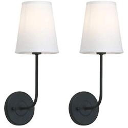 Pathson Industrial Wall Sconce with White Fabric Lamp Shade, 1-Light Vintage Indoor Wall Light Fixtures Suitable for Bedroom Living Room, Matte Black Finish 2-Pack (Black)