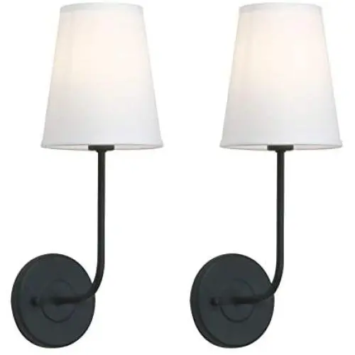 Pathson Industrial Wall Sconce with White Fabric Lamp Shade, 1-Light Vintage Indoor Wall Light Fixtures Suitable for Bedroom Living Room, Matte Black Finish 2-Pack (Black)