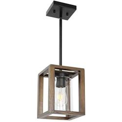 VINLUZ 1- Light Square Pendant Lamp Natural Wooden Frame with Clear Glass Shade Farmhouse Kitchen Island Lighting Black Dark Walnut Rustic Light Fixture Hanging for Dining Rooms Hallway