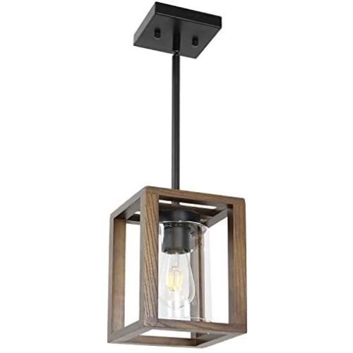 VINLUZ 1- Light Square Pendant Lamp Natural Wooden Frame with Clear Glass Shade Farmhouse Kitchen Island Lighting Black Dark Walnut Rustic Light Fixture Hanging for Dining Rooms Hallway