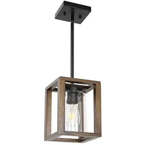 VINLUZ 1- Light Square Pendant Lamp Natural Wooden Frame with Clear Glass Shade Farmhouse Kitchen Island Lighting Black Dark Walnut Rustic Light Fixture Hanging for Dining Rooms Hallway