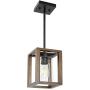 VINLUZ 1- Light Square Pendant Lamp Natural Wooden Frame with Clear Glass Shade Farmhouse Kitchen Island Lighting Black Dark Walnut Rustic Light Fixture Hanging for Dining Rooms Hallway