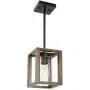 VINLUZ 1- Light Square Pendant Lamp Natural Wooden Frame with Clear Glass Shade Farmhouse Kitchen Island Lighting Black Dark Walnut Rustic Light Fixture Hanging for Dining Rooms Hallway