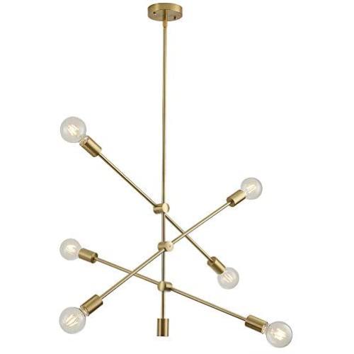 Sputnik Chandelier Lighting Fixture 6 Light Brushed Brass Finish Mid -Century Modern Pendant Lighting Industrial Vintage Semi-Flush Mount Ceiling Light for Dining Room Bedroom Kitchen UL by XILICON