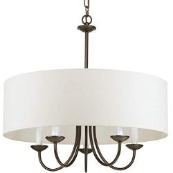 Progress Lighting P4217-20 5-Lt. Chain Hung Fixture Off-White Linen Fabric Shade,Antique Bronze