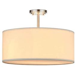 LED White Fabric Drum Shade semi Flush Mount Ceiling Light PS Diffuser with Brushed Nickel Finish, Chandeliers Shade with 20'' 3 Light