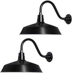 17in. Satin Black Outdoor Gooseneck Barn Light Fixture with 14.5 in. Long Extension Arm - Wall Sconce Farmhouse, Vintage, Antique Style - UL Listed - 9W 900lm A19 LED Bulb (5000K Cool White) - 2PCK