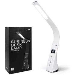 Office LED Desk Lamp Flexible, Dimmable Eye-Caring Table Lamp, CANAGROW 2600mAh USB Rechargeable Desk Light with Touch Memory Function Alarm Clock Calendar Thermometer & Time (White)