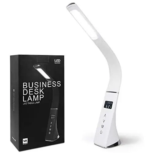 Office LED Desk Lamp Flexible, Dimmable Eye-Caring Table Lamp, CANAGROW 2600mAh USB Rechargeable Desk Light with Touch Memory Function Alarm Clock Calendar Thermometer & Time (White)