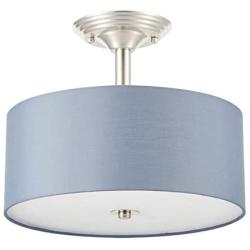 CO-Z Semi Flush Mount Ceiling Light Brushed Nickel, Drum Light Fixture Gray Shade with Diffuser, Two Bulb Grey Ceiling Light, Fabric Drum Shade Chandelier for Living Room Bedroom