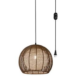 ANYE 15ft Black Plug-in UL On/Off Dimmer Switch Cord Retro Style E26 Lamp Holder Brown Rattan Hollow Double Lampshade Pendant Light for Dining Room Cafe Restaurant Bulbs Not Included