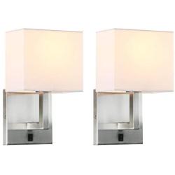 Permo Set of 2 Single Wall Sconce Light Fixture with White Textile Shades and On/Off Switch Button Small Modern Nightstand Lamps for Bedrooms Bedside Reading (Brushed)