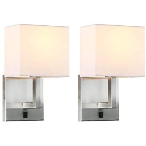 Permo Set of 2 Single Wall Sconce Light Fixture with White Textile Shades and On/Off Switch Button Small Modern Nightstand Lamps for Bedrooms Bedside Reading (Brushed)