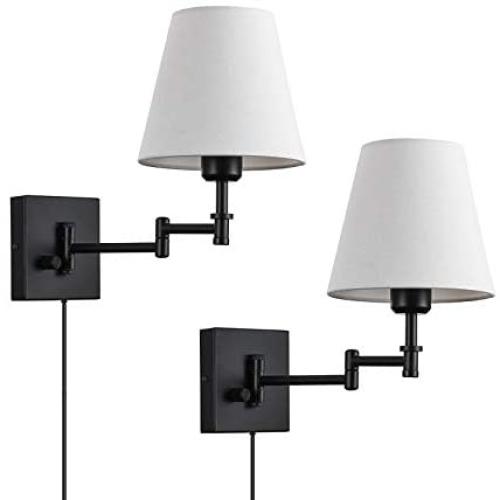 Wall Sconce Sets of 2 Wall Lamps with Plug in Cord Swing Arm Wall Lights Fabric Shade Wall Mount Sconce Fixtures for Bedroom Living Room 2-Pack, Bulb is not Included(White Shade)