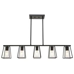 MELUCEE 5-Light Kitchen Island Lighting Farmhouse Dining Room Lighting Fixtures Hanging Black Finish with Metal Open Cage, Linear Chandeliers Industrial Pool Table Light