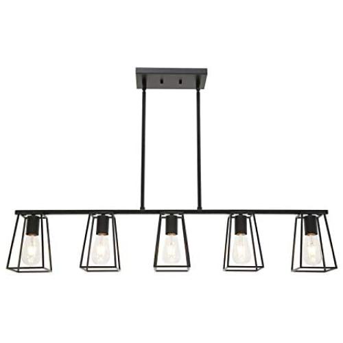 MELUCEE 5-Light Kitchen Island Lighting Farmhouse Dining Room Lighting Fixtures Hanging Black Finish with Metal Open Cage, Linear Chandeliers Industrial Pool Table Light
