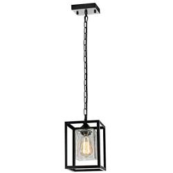 SYDTOP Modern Clear Crackle Glass Pendant Light with Chain Black Industrial Metal Hanging Light Fixture Rustic Mini Cage Pendant Lighting for Kitchen Island Sink Dining Room Counter Bar Farmhouse