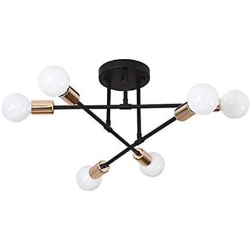 Modo Lighting Mid Century Sputnik Chandelier 6 Lights Vintage Industrial Semi Flush Mount Ceiling Light Fixture E26 Bulb Adjustable Geometric Pendant Ceiling Lamp for Living Room Kitchen, Black