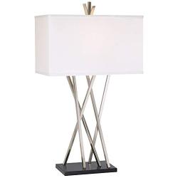 Modern Table Lamp Brushed Steel Asymmetry White Linen Rectangular Box Shade for Living Room Family Bedroom Bedside - Possini Euro Design