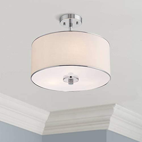 Elsa Modern Ceiling Light Semi Flush Mount Fixture Chrome 16'' Wide White Fabric Drum Shade for Bedroom Kitchen Living Room Hallway Bathroom - Possini Euro Design Elsa Modern Ceiling Light Semi Flush Mount Fixture Chrome 16'' Wide White Fabric Drum Shade for Bedroom Kitchen Living Room Hallway Bathroom - Possini Euro Design