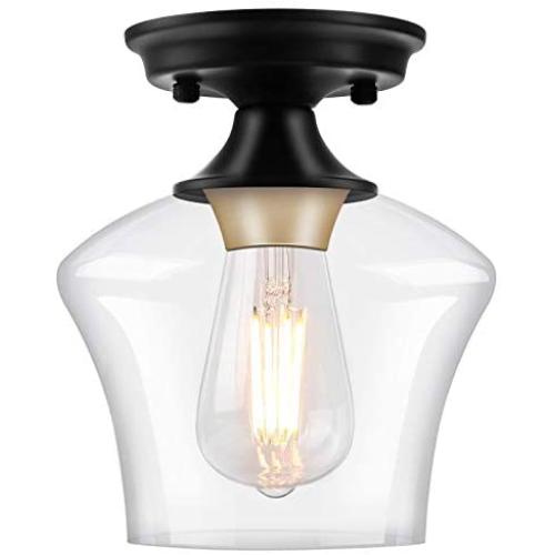 Semi Flush Mount Ceiling Light, Industrial Flush Mount Light Fixture with Clear Glass Shade Ceiling Light Fixtures for Hallway, Entryway, Kitchen, Dining Room, Laundry Room (Black+Gold)