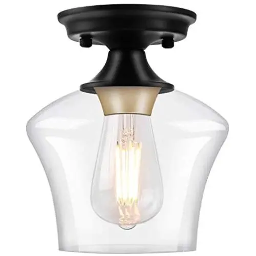 Semi Flush Mount Ceiling Light, Industrial Flush Mount Light Fixture with Clear Glass Shade Ceiling Light Fixtures for Hallway, Entryway, Kitchen, Dining Room, Laundry Room (Black+Gold)