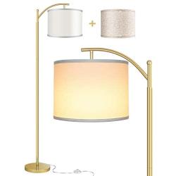 Rottogoon Floor Lamp for Living Room, LED Standing Lamp with 2 Lamp Shades Tall Industrial Floor Lamp Reading for Bedroom, Office, Study Room (9W LED Bulb, Beige & White Shades Included) -Gold