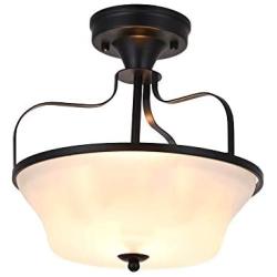 CASILVON Industrial Farmhouse Frosted Glass Metal Base Black Semi Flush Mount Ceiling Light, Ceiling Light Fixtures Bowl for Living Room Foyer Dinning Room Hallway Kitchen Bedroom Cafe 1-Light