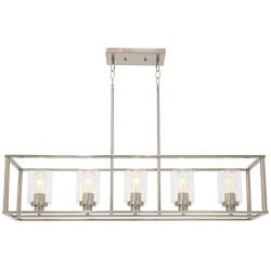 VINLUZ Indoor Linear 5 Light Kitchen Island Chandelier in Brushed Nickel Finish with Clear Glass Shade Cage Metal Frame Pendant Lighting for Living Room Bedroom