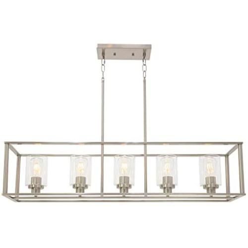 VINLUZ Indoor Linear 5 Light Kitchen Island Chandelier in Brushed Nickel Finish with Clear Glass Shade Cage Metal Frame Pendant Lighting for Living Room Bedroom