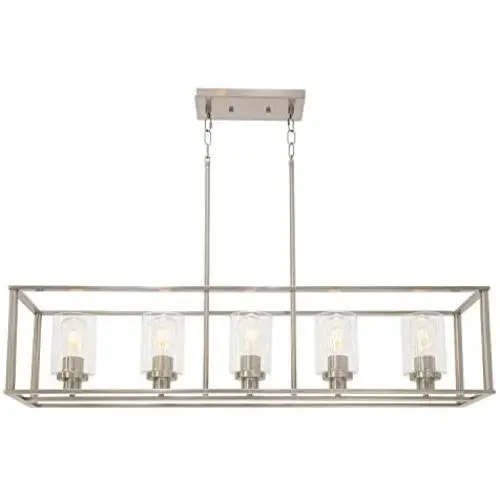 VINLUZ Indoor Linear 5 Light Kitchen Island Chandelier in Brushed Nickel Finish with Clear Glass Shade Cage Metal Frame Pendant Lighting for Living Room Bedroom
