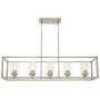 VINLUZ Indoor Linear 5 Light Kitchen Island Chandelier in Brushed Nickel Finish with Clear Glass Shade Cage Metal Frame Pendant Lighting for Living Room Bedroom