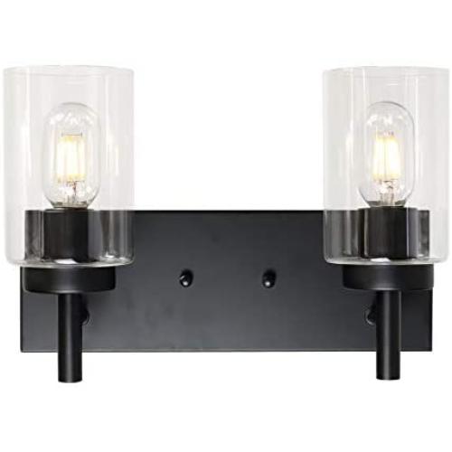 VINLUZ 2 Light Sconces Wall Lighting Black Modern Wall Lamp with Clear Glass Shade Bathroom Vanity Light, Industrial Vintage Wall Mounted Light Fixtures Bedroom Kitchen Stairs
