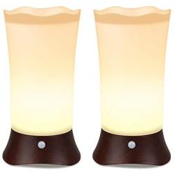 ZEEFO Motion Sensor Light, Wireless PIR Night Lights Portable Retro LED Battery Powered Light for Bedroom, Kids Room (Wood Grain Painted Base Set of 2)