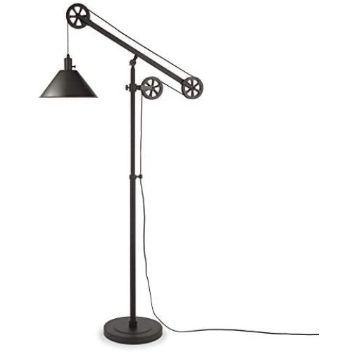 Henn&Hart FL0022 Modern Industrial Pulley System Contemporary Blackened Bronze with Metal Shade for Living Room, Office, Study Or Bedroom Floor Lamp, One Size, Black