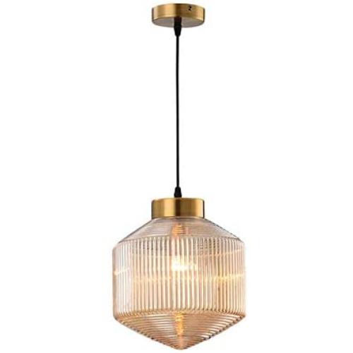 CraftThink Pendant Lighting Chandelier Fixture Nordic Drum Amber Ribbed Glass in Brass 1 Light Ceiling Suspension Lamp LED Hanging Lamp for Coffee Dining Living Room Bedroom Restaurant Hotel-Amber