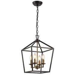 Farmhouse Lantern Chandelier ,4-Light Metal Adjustable Height Industrial Square Pendant Light,for Living Room,Kitchen Lsland,Hallway Foyer Hanging Lighting(Black+Gold)