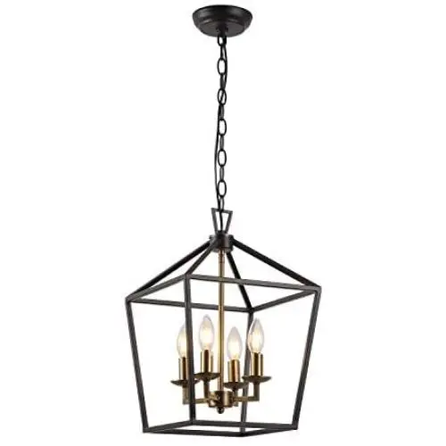 Farmhouse Lantern Chandelier ,4-Light Metal Adjustable Height Industrial Square Pendant Light,for Living Room,Kitchen Lsland,Hallway Foyer Hanging Lighting(Black+Gold)