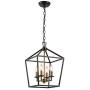 Farmhouse Lantern Chandelier ,4-Light Metal Adjustable Height Industrial Square Pendant Light,for Living Room,Kitchen Lsland,Hallway Foyer Hanging Lighting(Black+Gold)