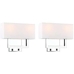 Permo Set of 2 Single Wall Sconce with Twin Head and Twin On/Off Switch Button Living Room Bedside Nightstand Light Fixture with White Textile Shades (Chrome)