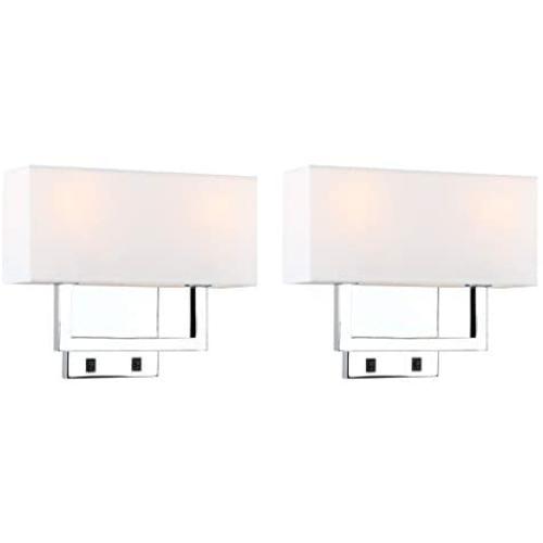 Permo Set of 2 Single Wall Sconce with Twin Head and Twin On/Off Switch Button Living Room Bedside Nightstand Light Fixture with White Textile Shades (Chrome) Permo Set of 2 Single Wall Sconce with Twin Head and Twin On/Off Switch Button Living Room Bedside Nightstand Light Fixture with White Textile Shades (Chrome)