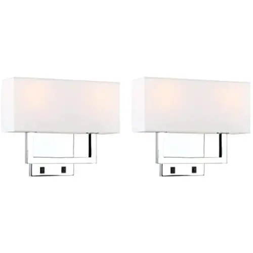 Permo Set of 2 Single Wall Sconce with Twin Head and Twin On/Off Switch Button Living Room Bedside Nightstand Light Fixture with White Textile Shades (Chrome)